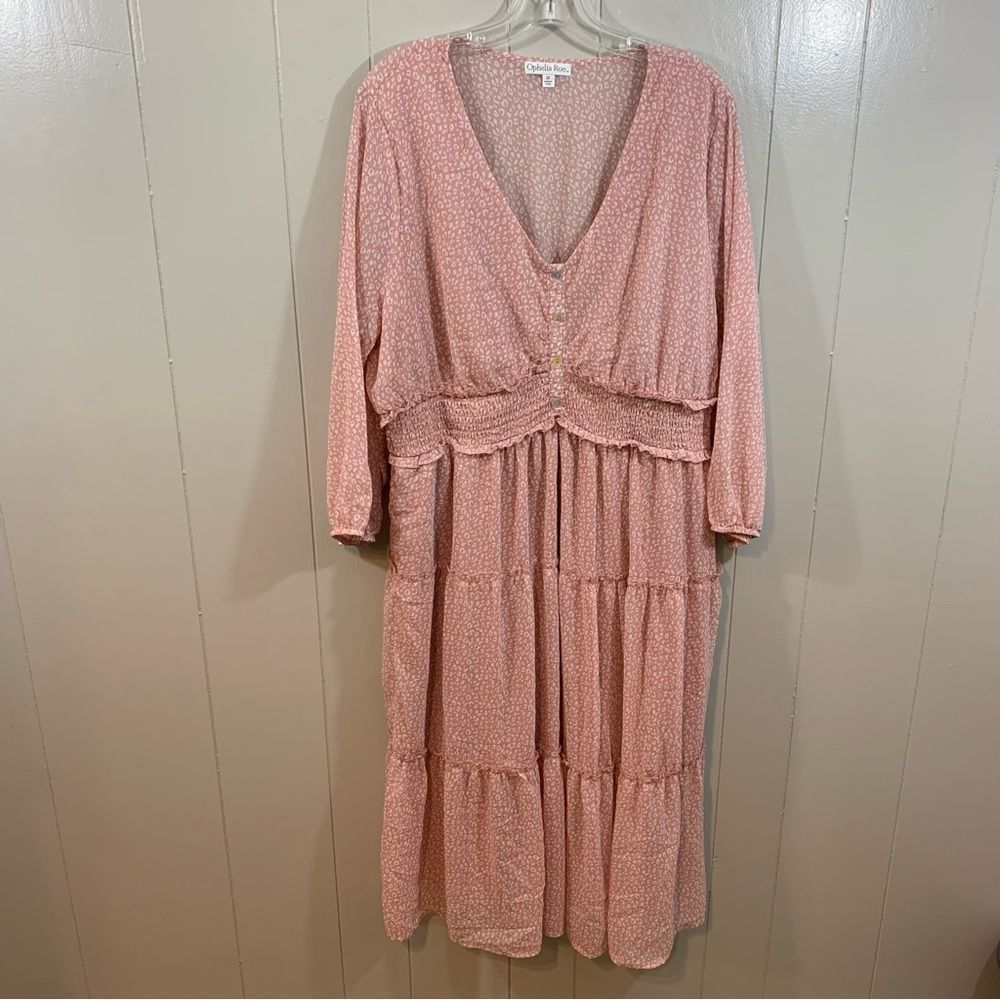 Ophelia Roe Pink Plus Animal Print Prairie 3/4 Sleeve Lined Tiered Midi Dress 2X